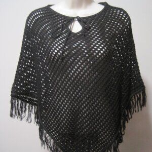 Unbranded Womens Medium Acrylic Black Shawl Sweater Wrap Knit Poncho Fringe Trim